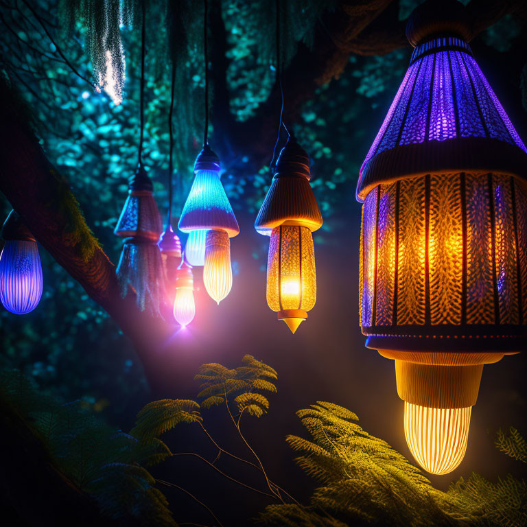 Colorful Lanterns Hanging in Mystical Forest at Night