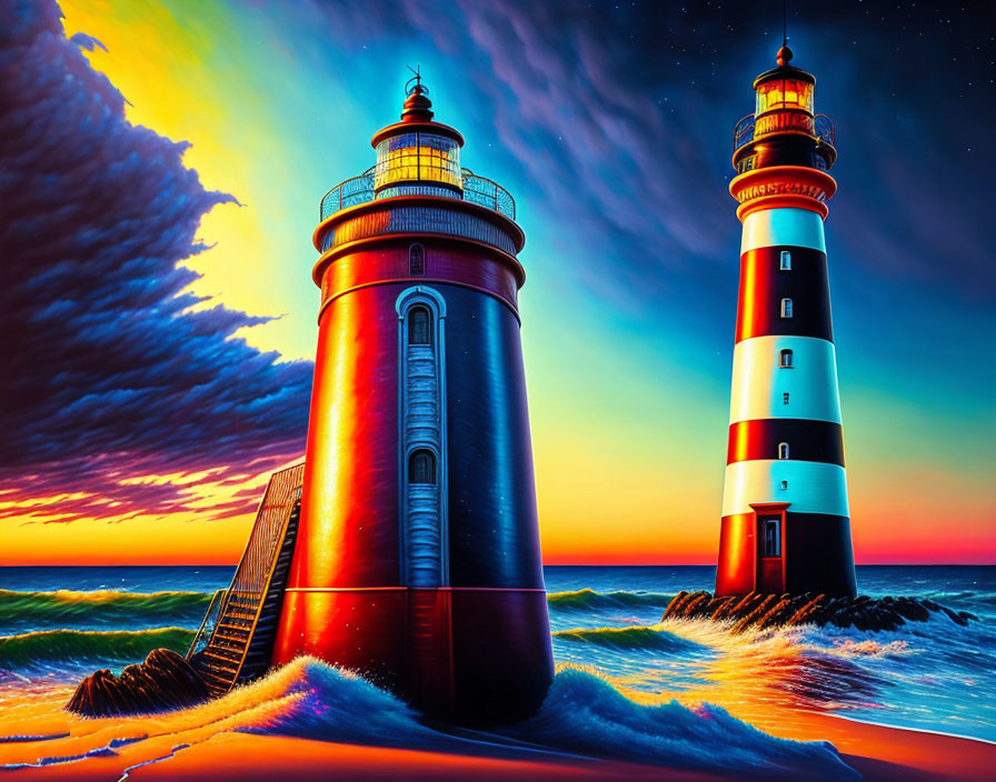 Vibrant sunset seascape with two lighthouses and crashing waves