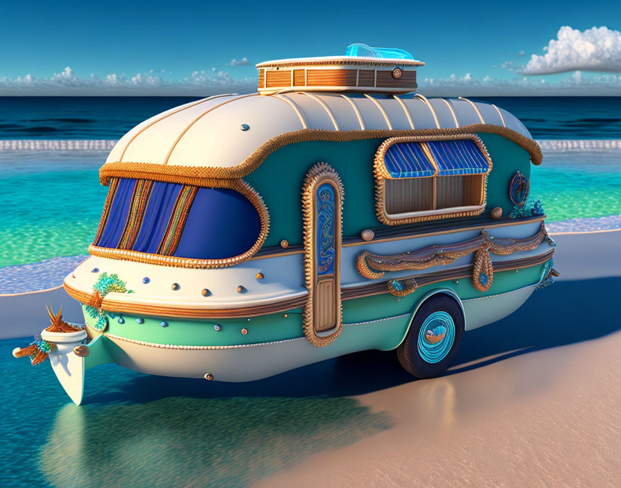 Whimsical retro-futuristic caravan with nautical theme on sandy beach