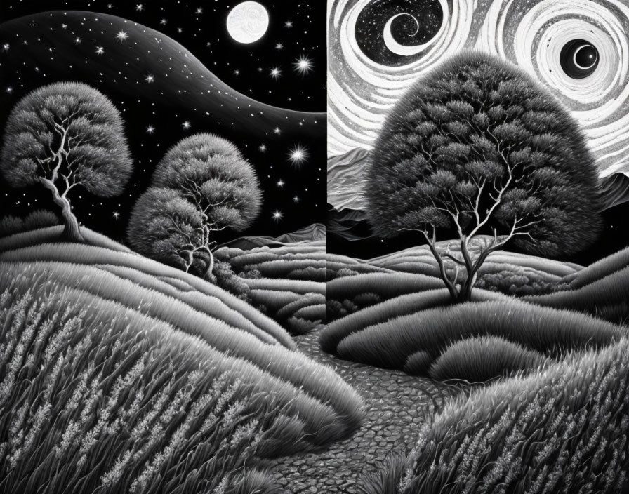Surreal black and white landscape with swirling skies, trees, hills, and full moon