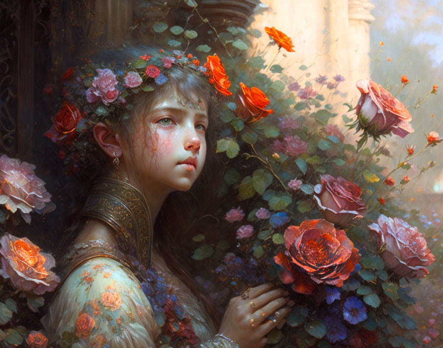 Young girl with flowers in hair, pensive gaze in warm, floral painting