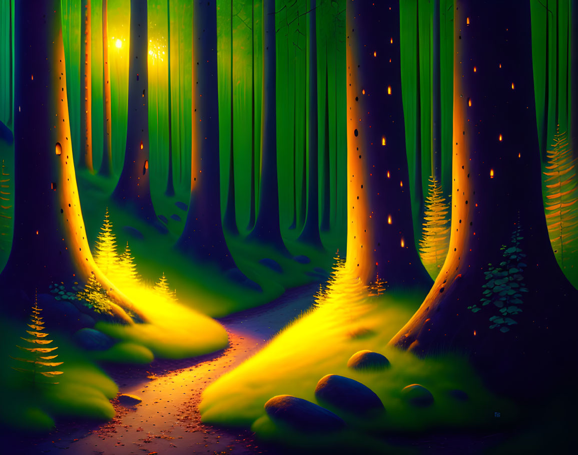Sunlit Forest Glade with Magical Glow and Floating Specks
