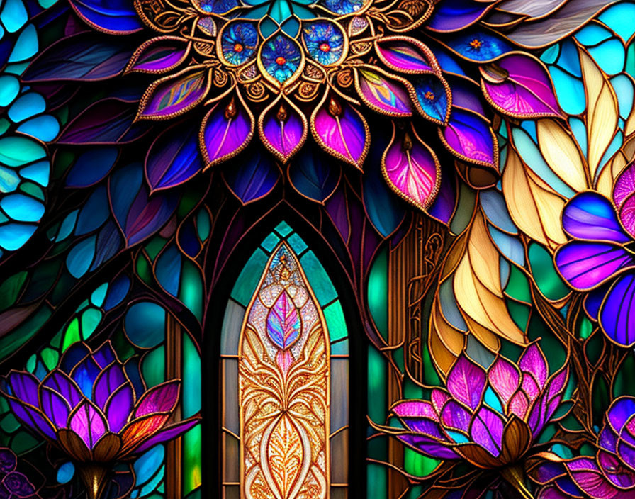 Colorful Stained Glass Window with Floral and Geometrical Patterns in Blues, Purples,