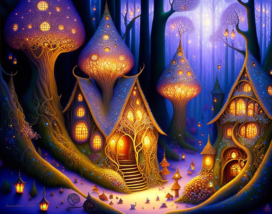 Vibrant, colorful forest with glowing treehouses and magical ambiance