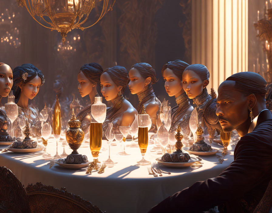 Metallic-skinned humanoid figures in lavish dining setting