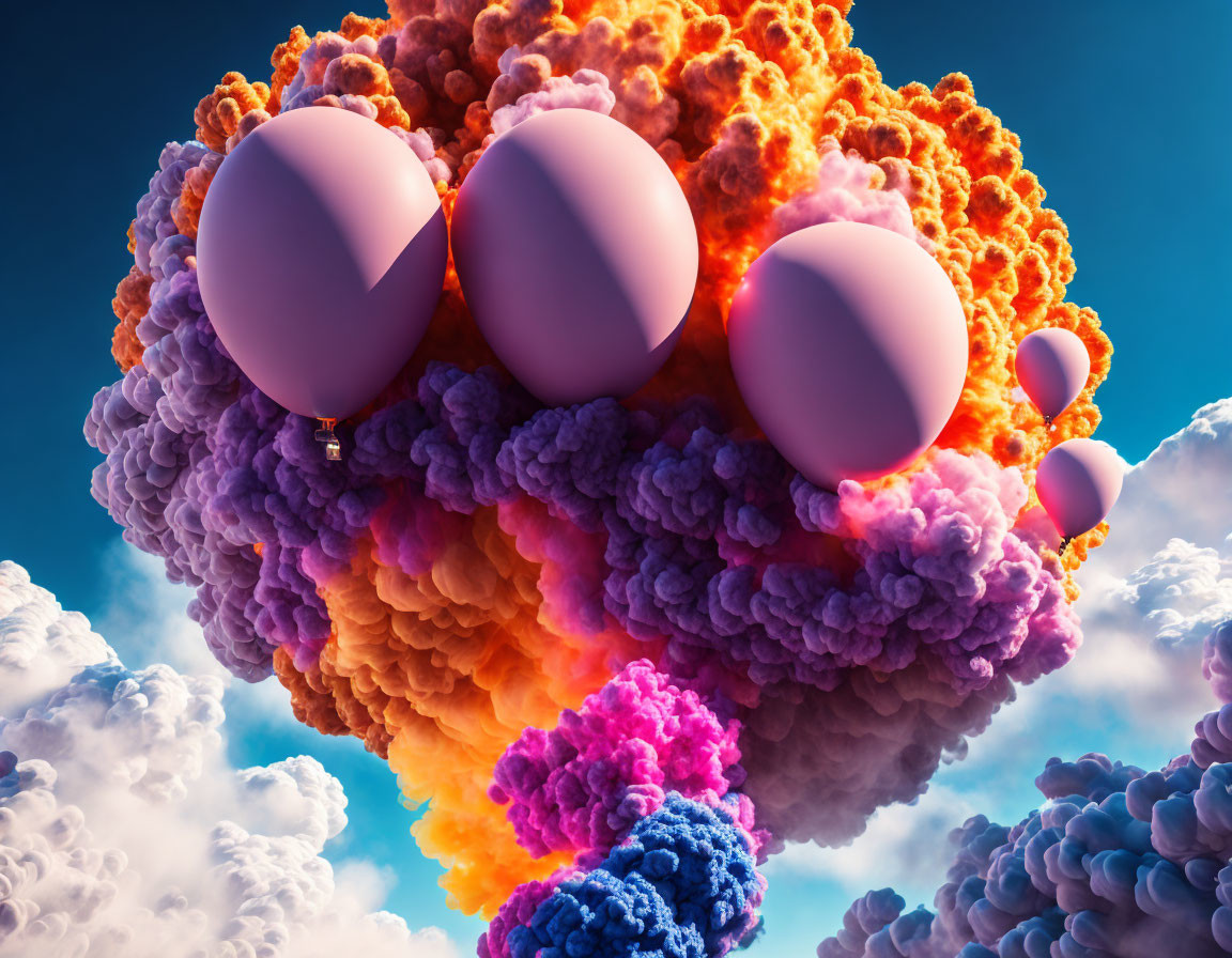 Colorful 3D illustration of surreal smoke clouds and floating spheres in blue sky