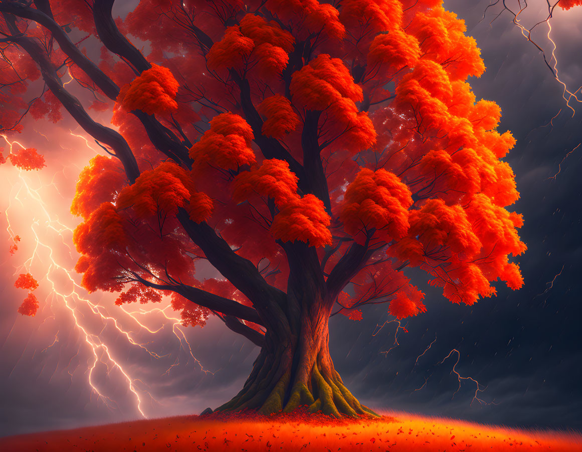 Vibrant red tree with lightning and foliage scene