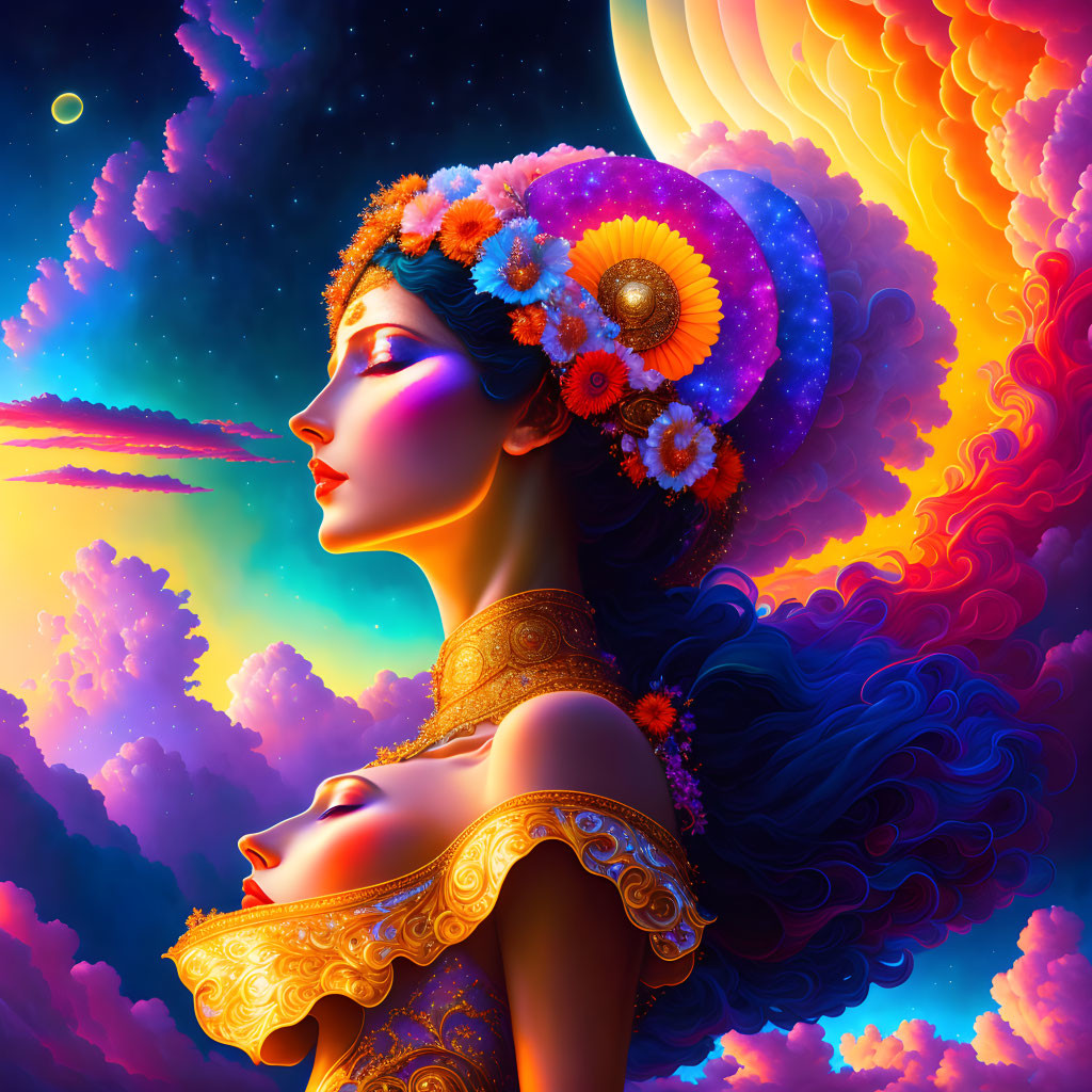 Vibrant Flower Hair Woman Portrait with Celestial Moon Background
