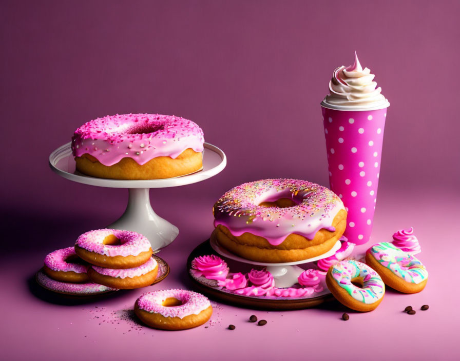 Assorted pink frosted donuts on purple background with polka-dotted cup and whipped cream
