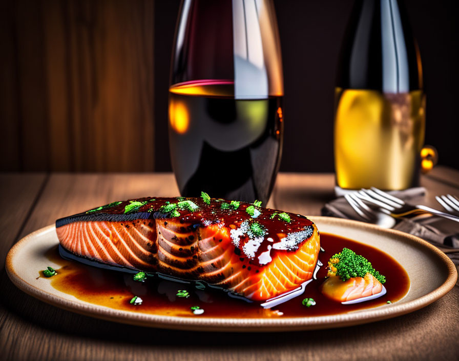 Gourmet grilled salmon fillets with herbs, caviar, and white wine plate display