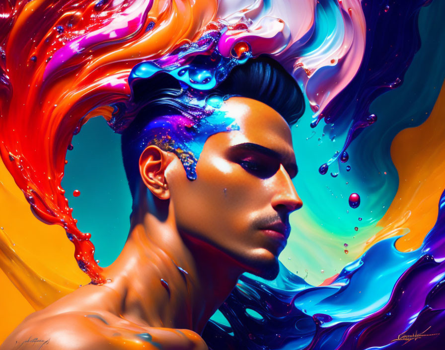Abstract portrait with vibrant swirling colors.