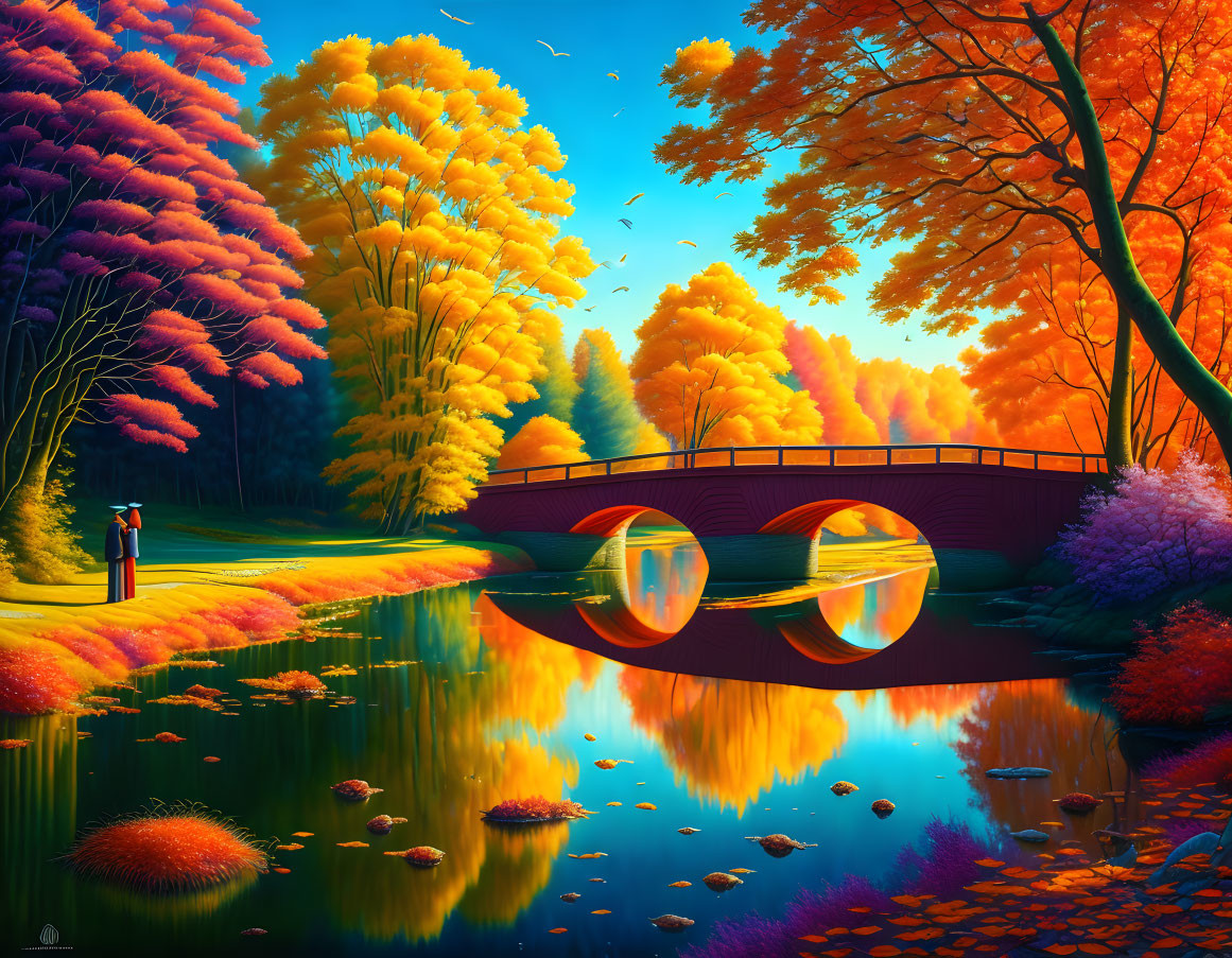 Colorful autumn park scene with reflective pond and arched bridge