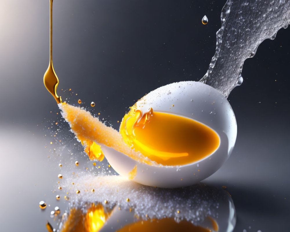 Cracked egg with spilled yolk, sugar granules, and splashing liquid on dark background