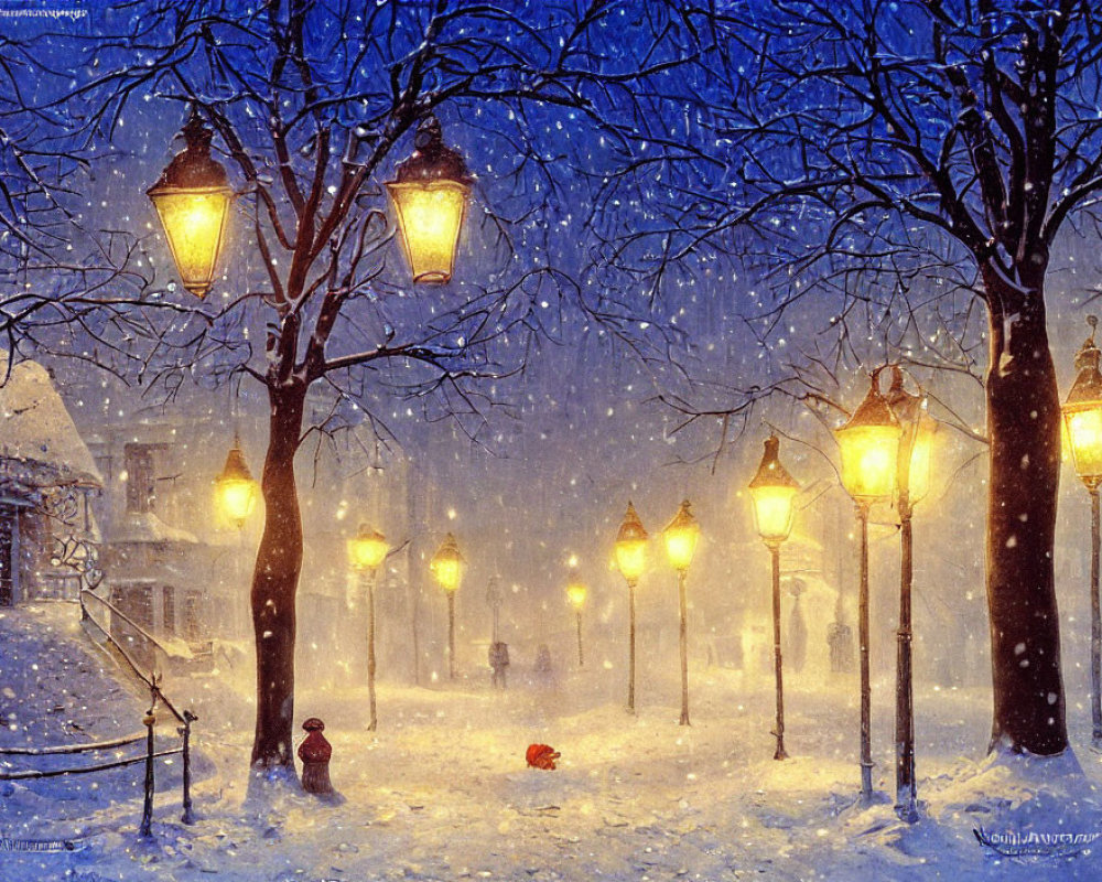 Snowy Evening Scene: Glowing Street Lamps, Park Path, Silhouettes