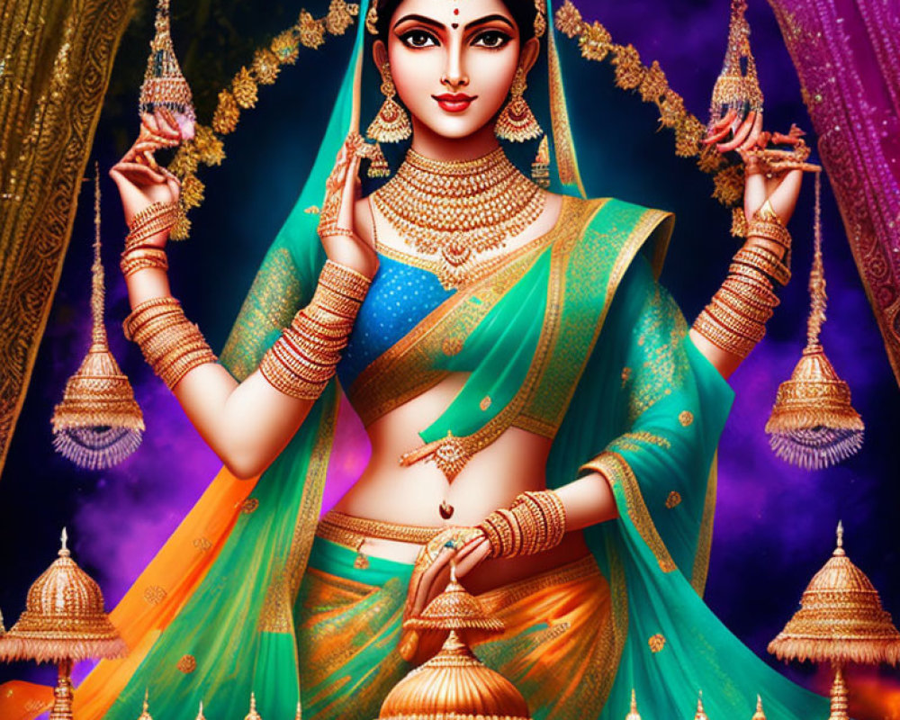 Traditional Indian Attire Illustration with Elaborate Jewelry and Vibrant Backdrop