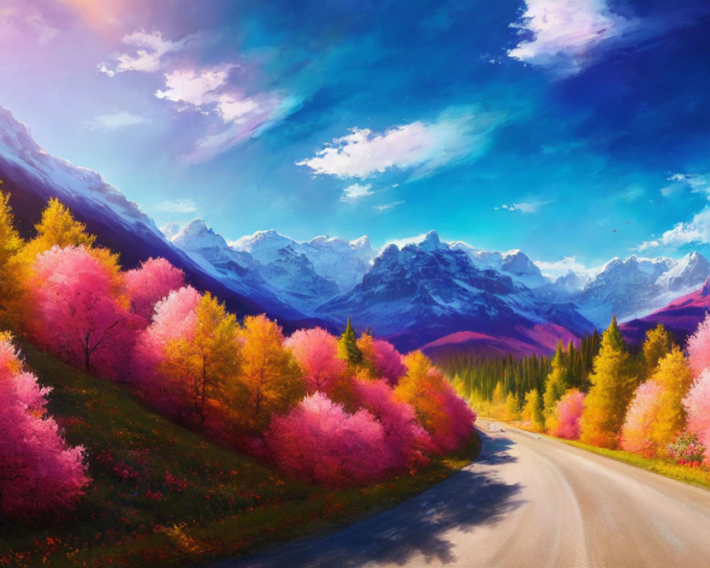 Scenic landscape with pink trees, snowy mountains, and surreal sky