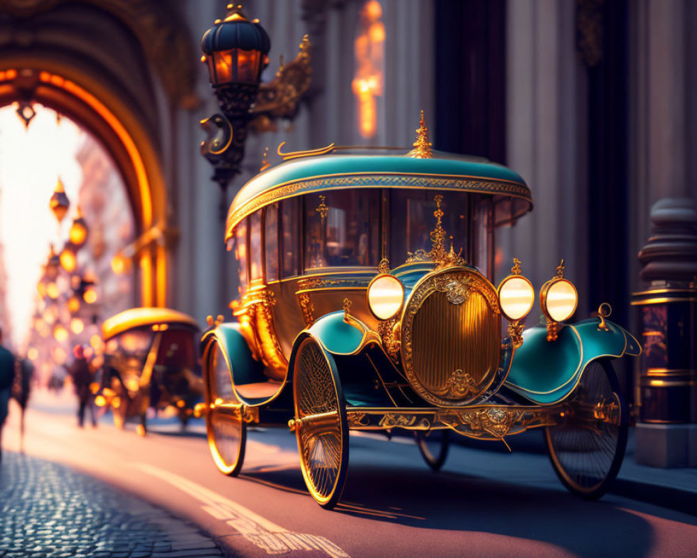 Vintage-style Carriage with Golden Embellishments on Cobblestone Street at Sunset