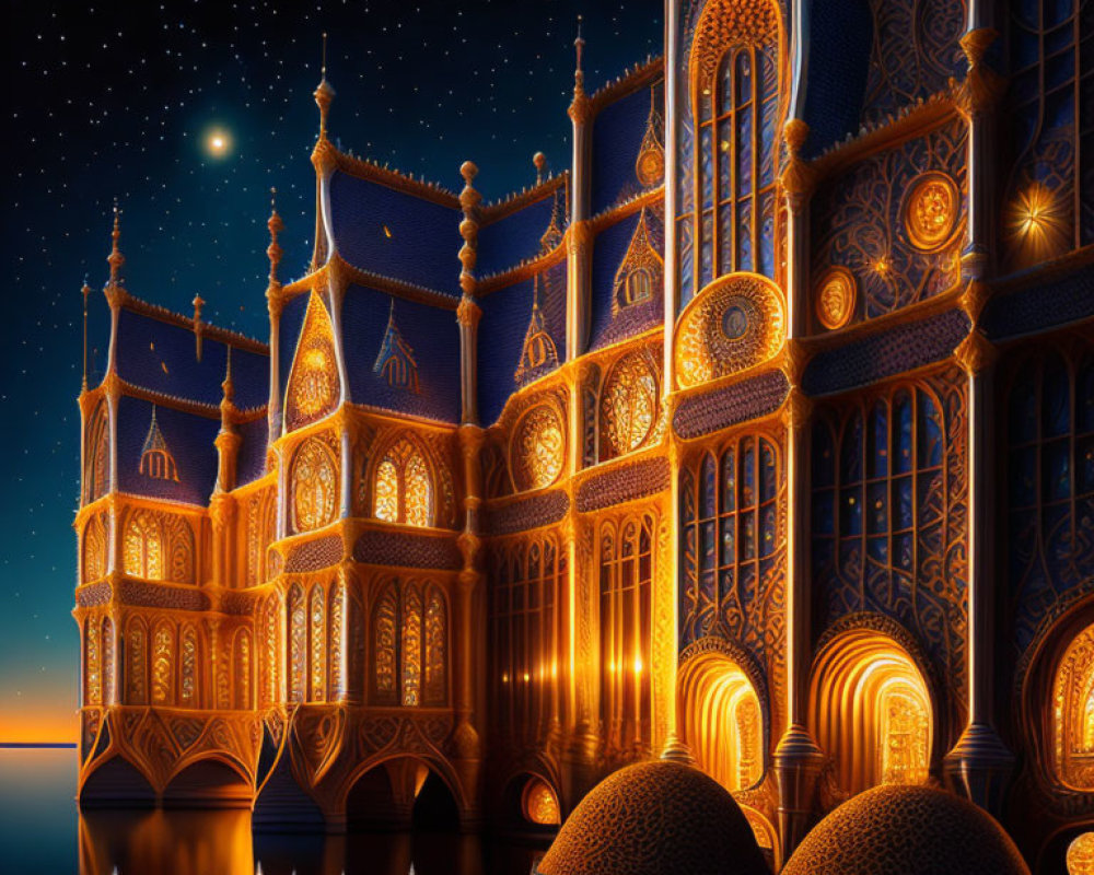 Ornate Gothic Castle Night Scene with Starry Sky and Water Reflections