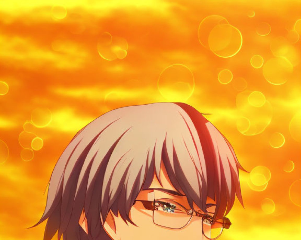 Anime character with red and silver hair and glasses on golden bokeh backdrop