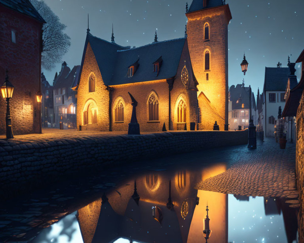 Medieval Village Night Scene with Cobblestone Streets and Illuminated Buildings