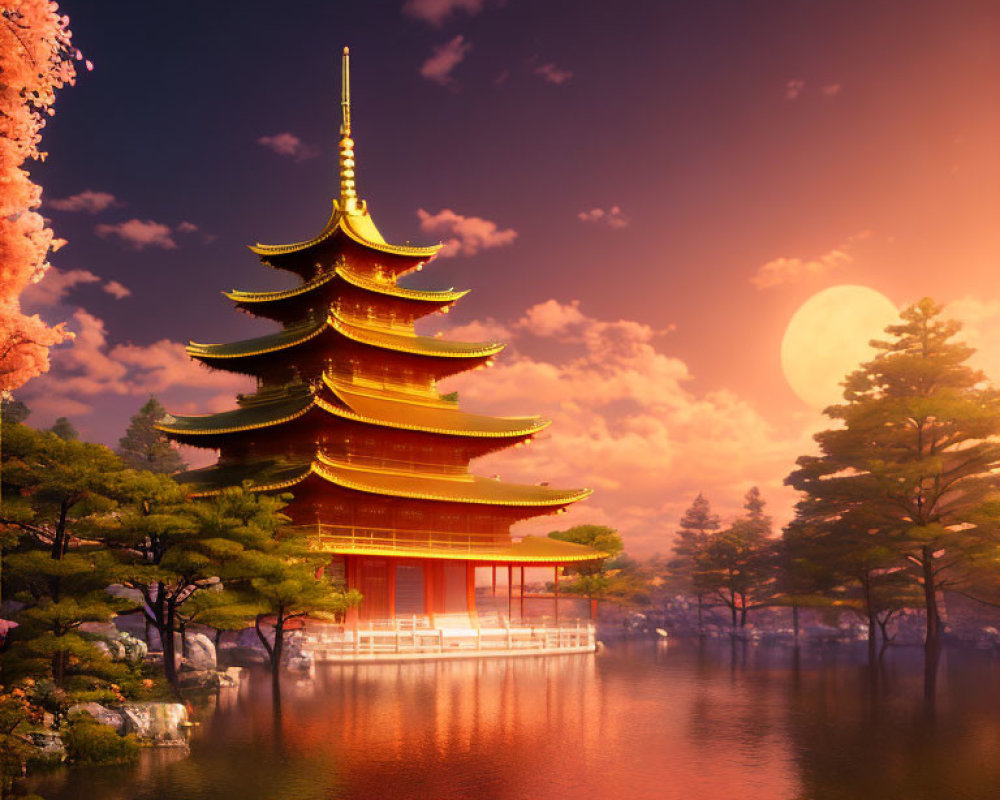 Five-tiered Pagoda by Tranquil Lake at Sunset with Full Moon