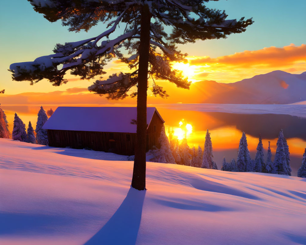 Snowy Landscape with Wooden Cabin and Sunrise Over Mountains