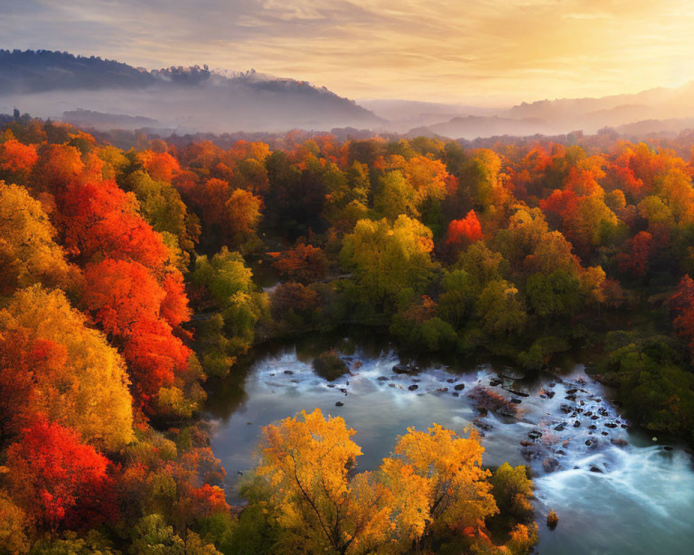 Vibrant Autumn Forest with River in Aerial View