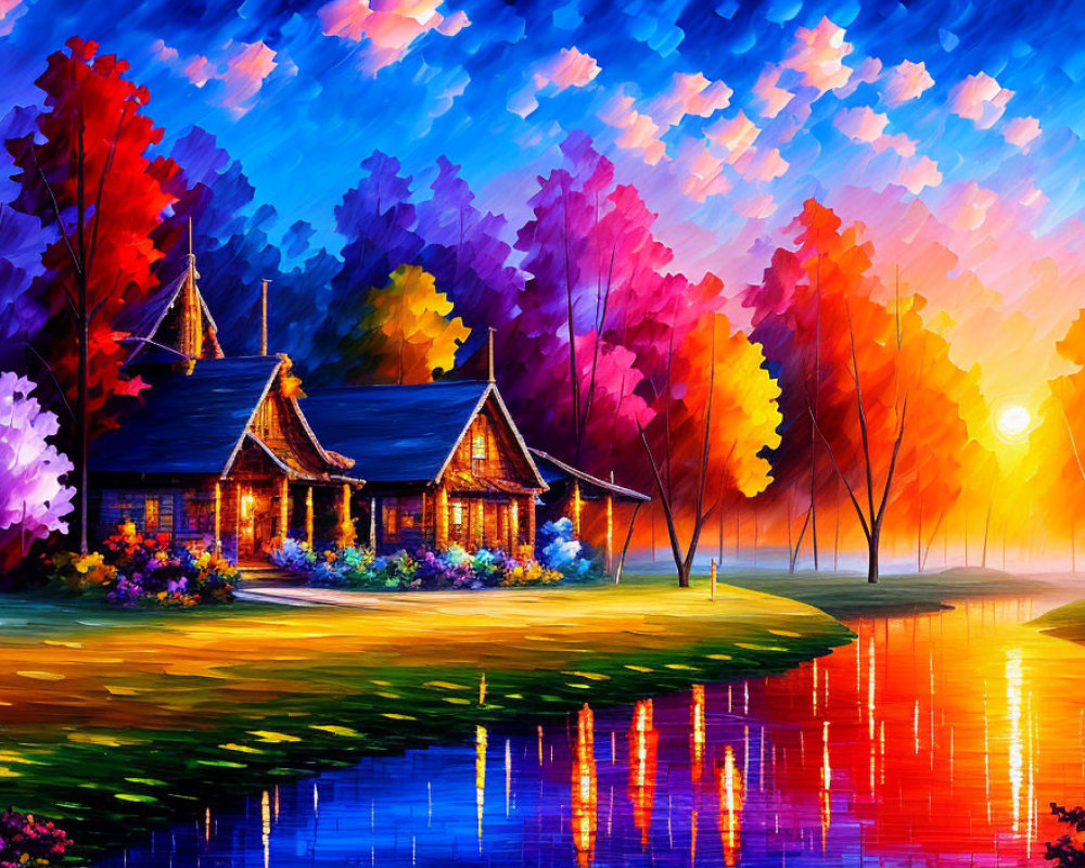 Colorful sunset painting of cottages by river with vibrant trees and reflections
