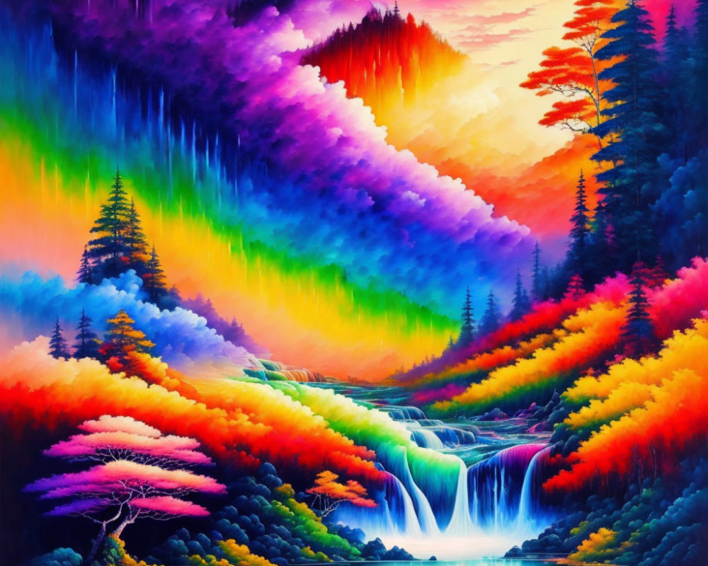 Colorful Landscape Painting with Waterfall, Rainbow Skies, and Foliage