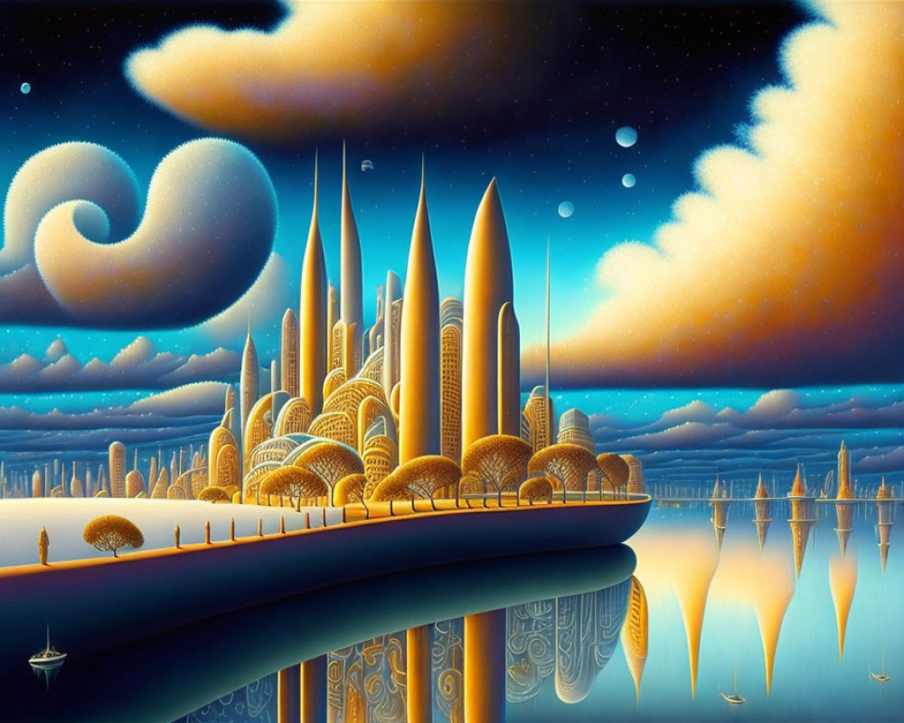 Futuristic golden spire cityscape by reflective water at twilight