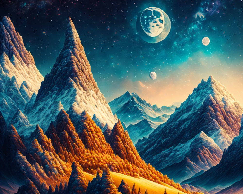 Surreal landscape with snow-capped mountains, autumnal forest valley, starry sky, oversized