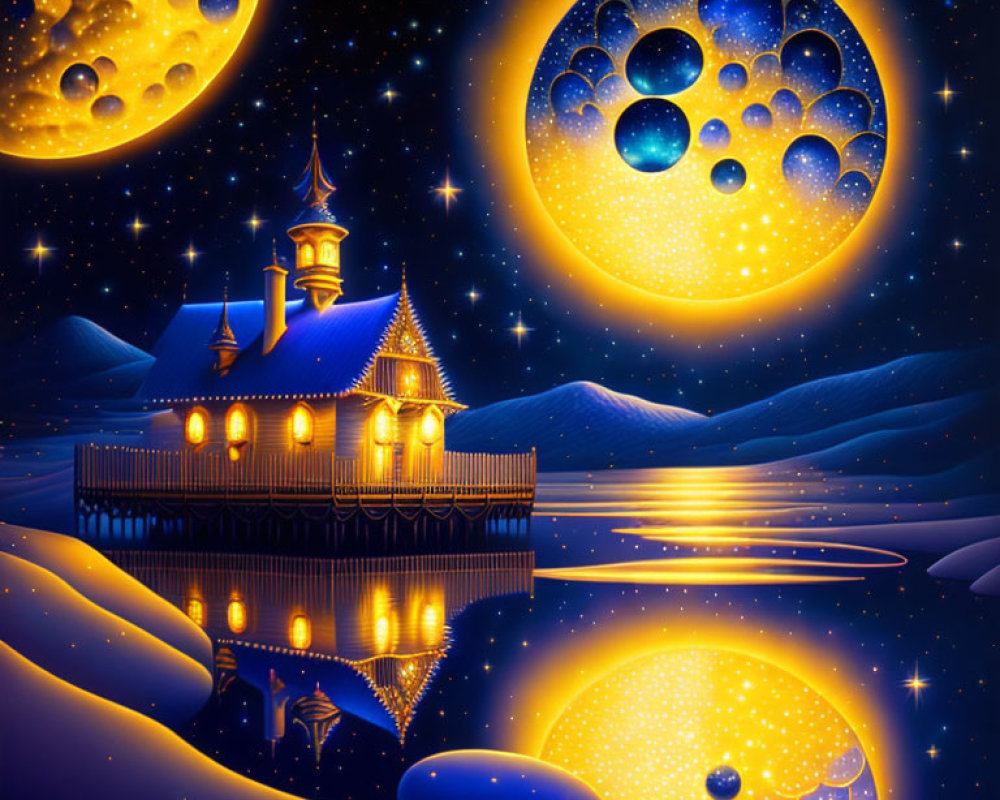 Fantastical night scene with two cheese-like moons, wooden house on stilts, snowy landscape,
