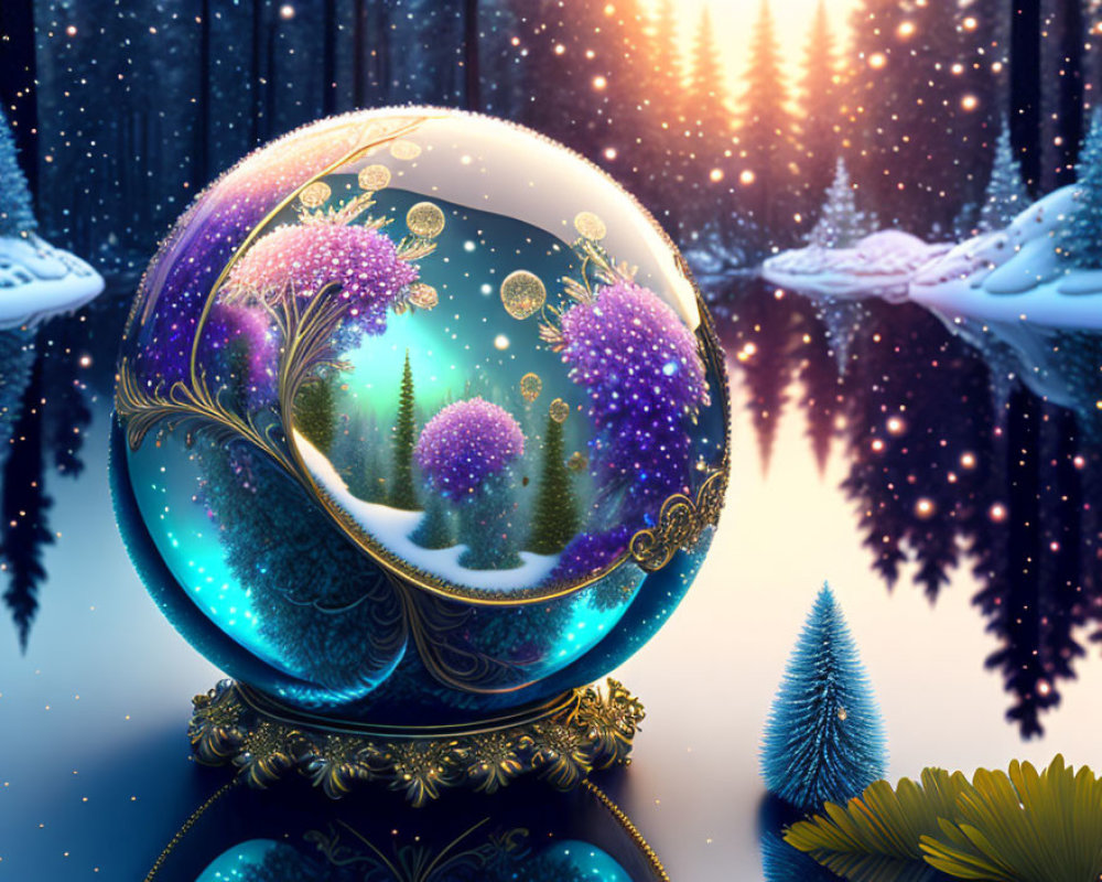 Magical snow globe with peacock in whimsical winter scene