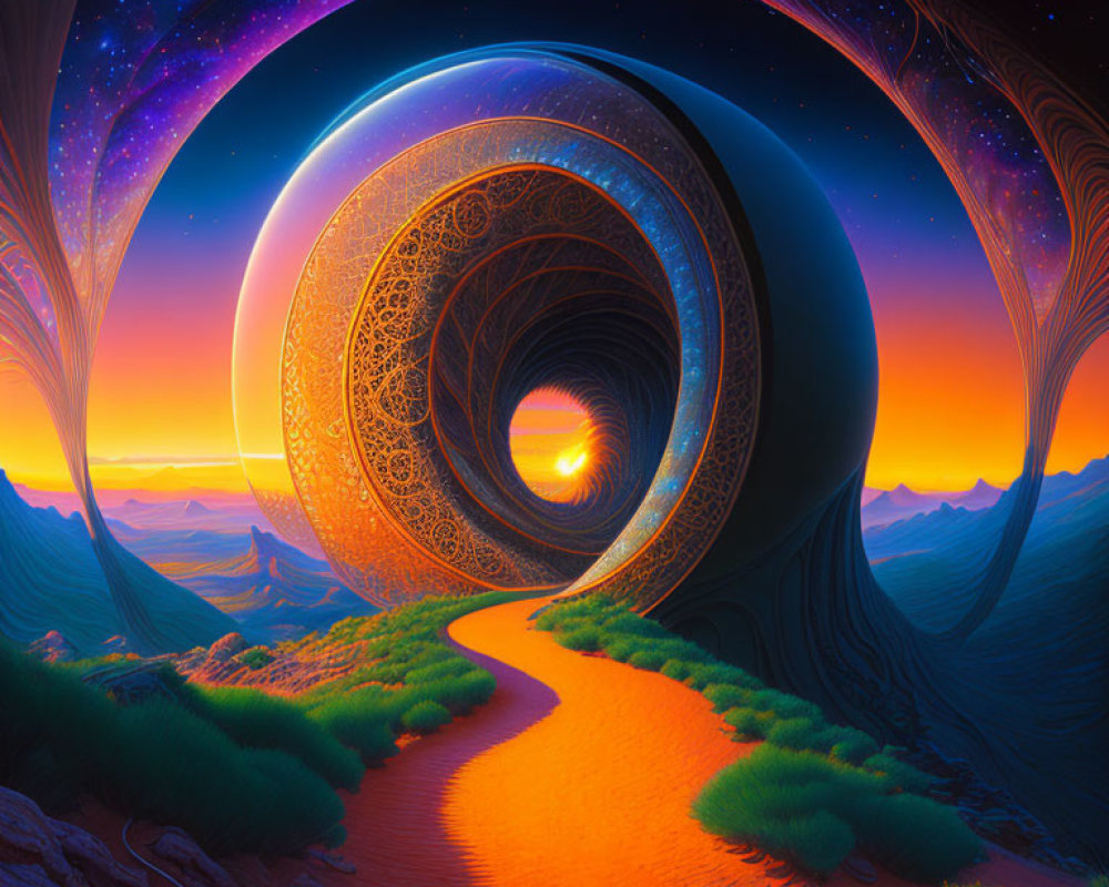 Colorful surreal landscape with winding path and ornate spherical structure