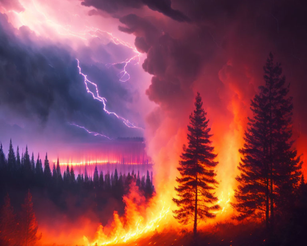 Intense wildfire in forest under stormy sky with lightning
