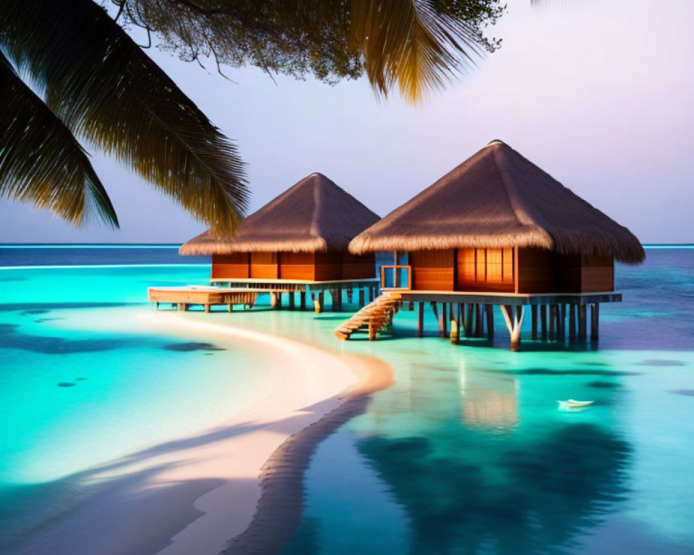 Thatched Roof Overwater Bungalows on Turquoise Sea Beach at Twilight