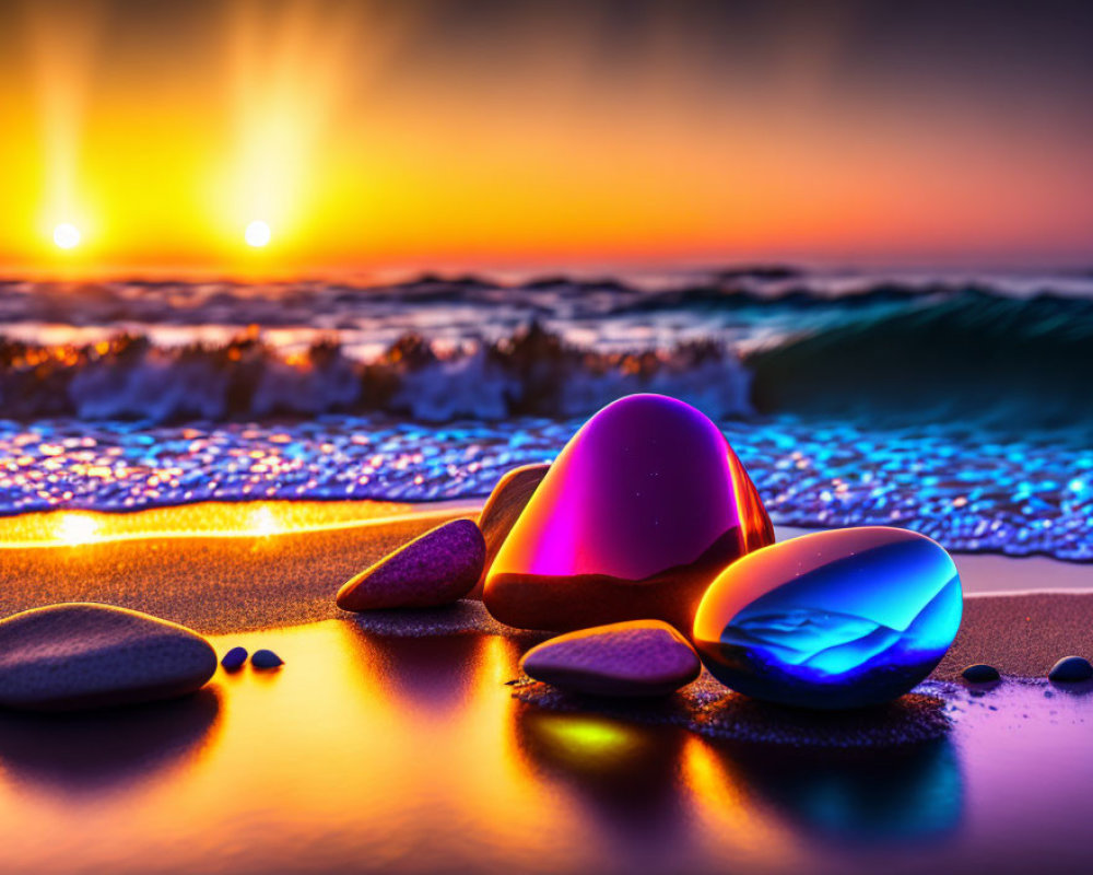 Vibrant sunset beach scene with colorful glowing stones