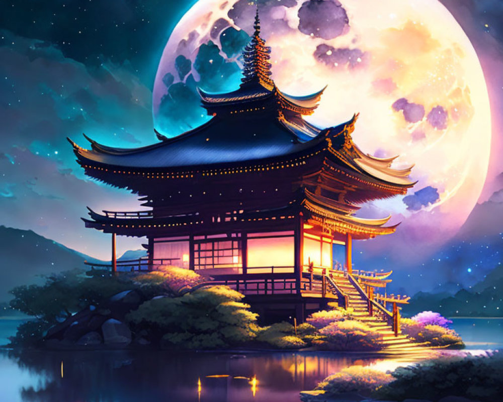 Traditional Asian pagoda by serene lake under large moon and starry sky