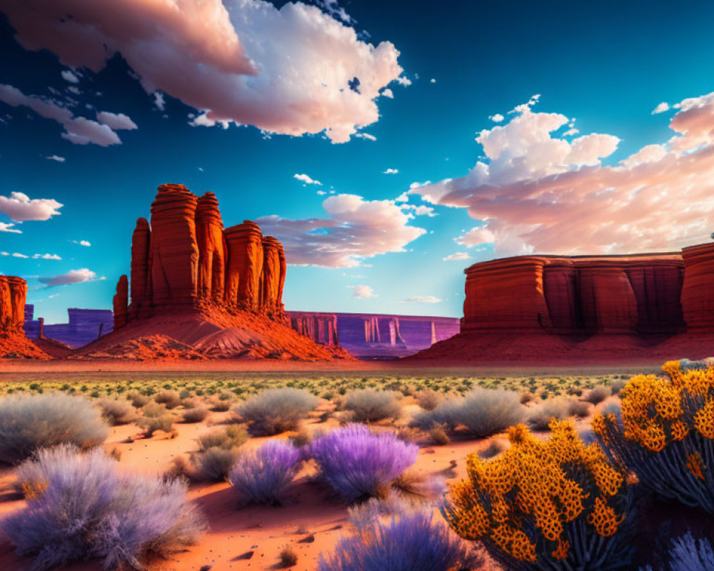 Vivid Landscape with Red Rock Formations and Desert Flora
