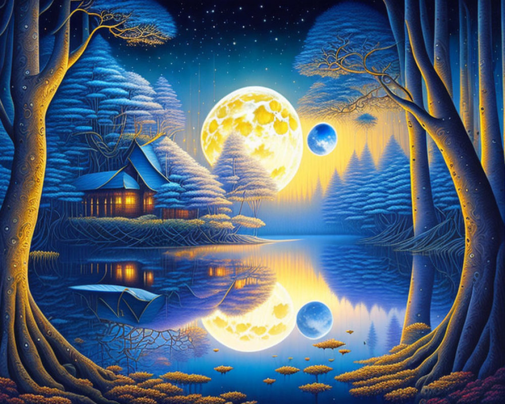 Surreal moonlit night artwork with full moon, lake, trees, and cabin