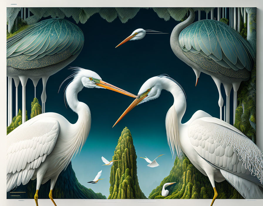 Surreal painting featuring egrets and column-like trees among flying birds and overhanging leaves