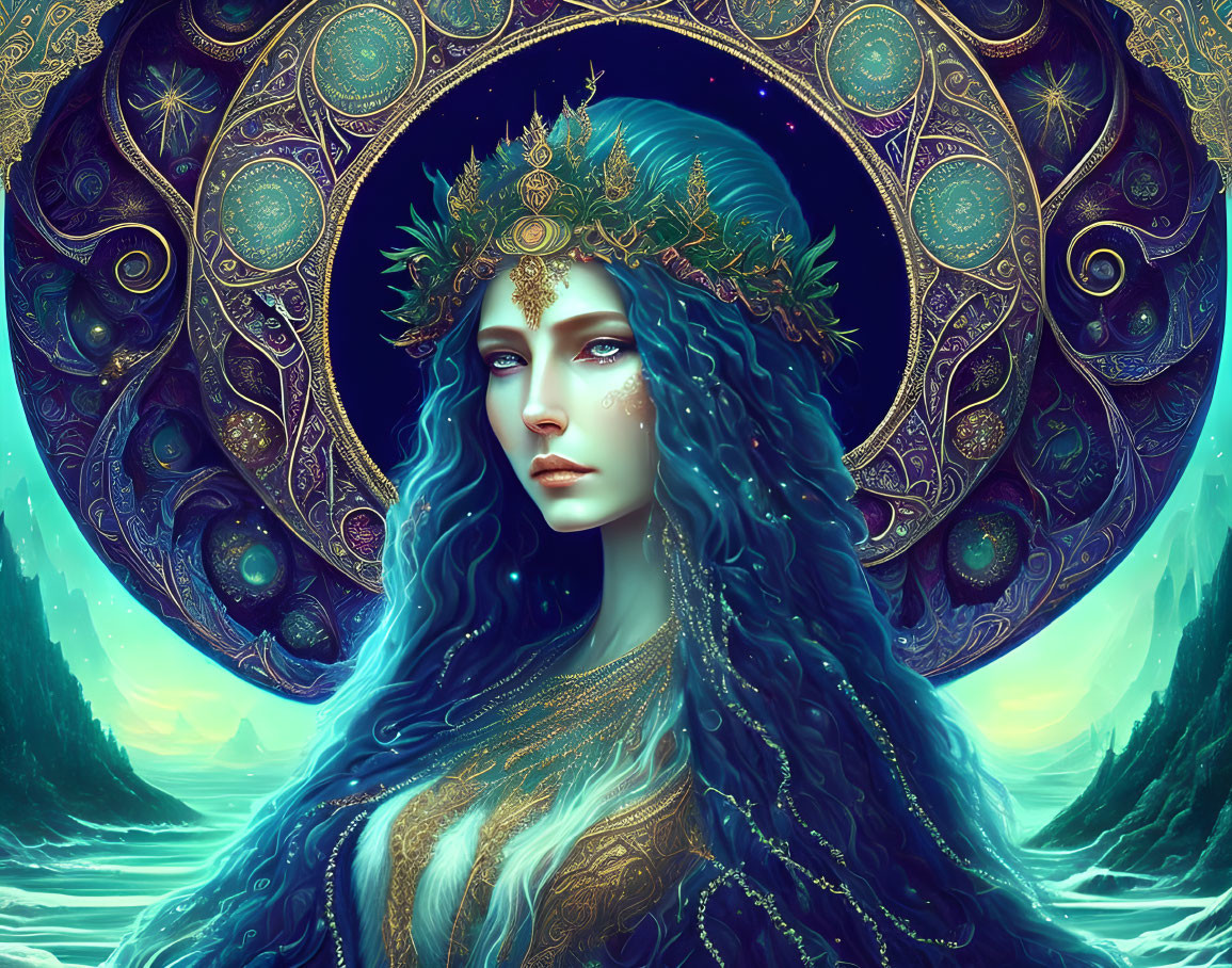 Illustrated female figure with blue hair and crown in mystical forest setting