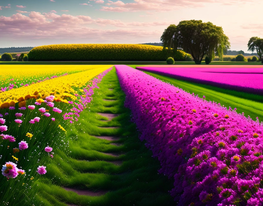 Colorful Flower Fields with Clear Sky and Green Trees