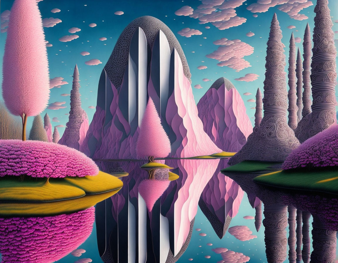 Surreal landscape with pointed mountains, tranquil lake, pastel skies, and stylized trees