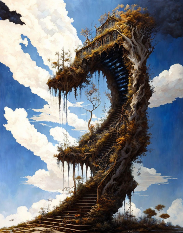 Surreal artwork: Twisting stairway merging with nature and house in the sky