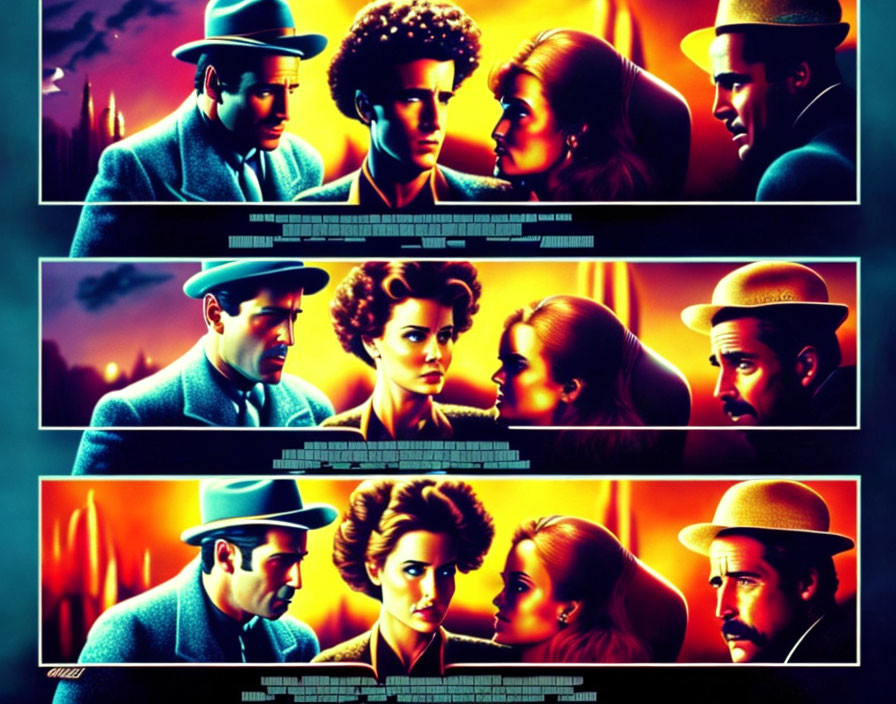 Stylized movie poster with city skylines and characters in vintage attire