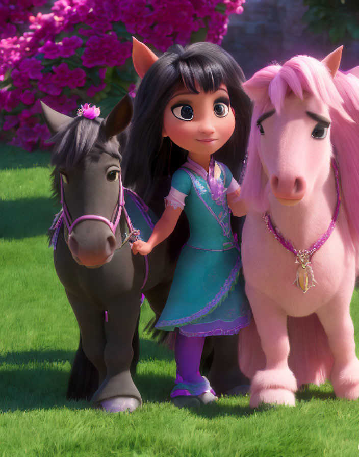 Long-haired girl in blue dress with animated ponies in pink flower garden