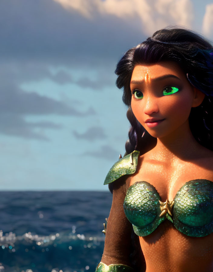 Animated character with green eyes and dark hair in green scale top by ocean and sky.