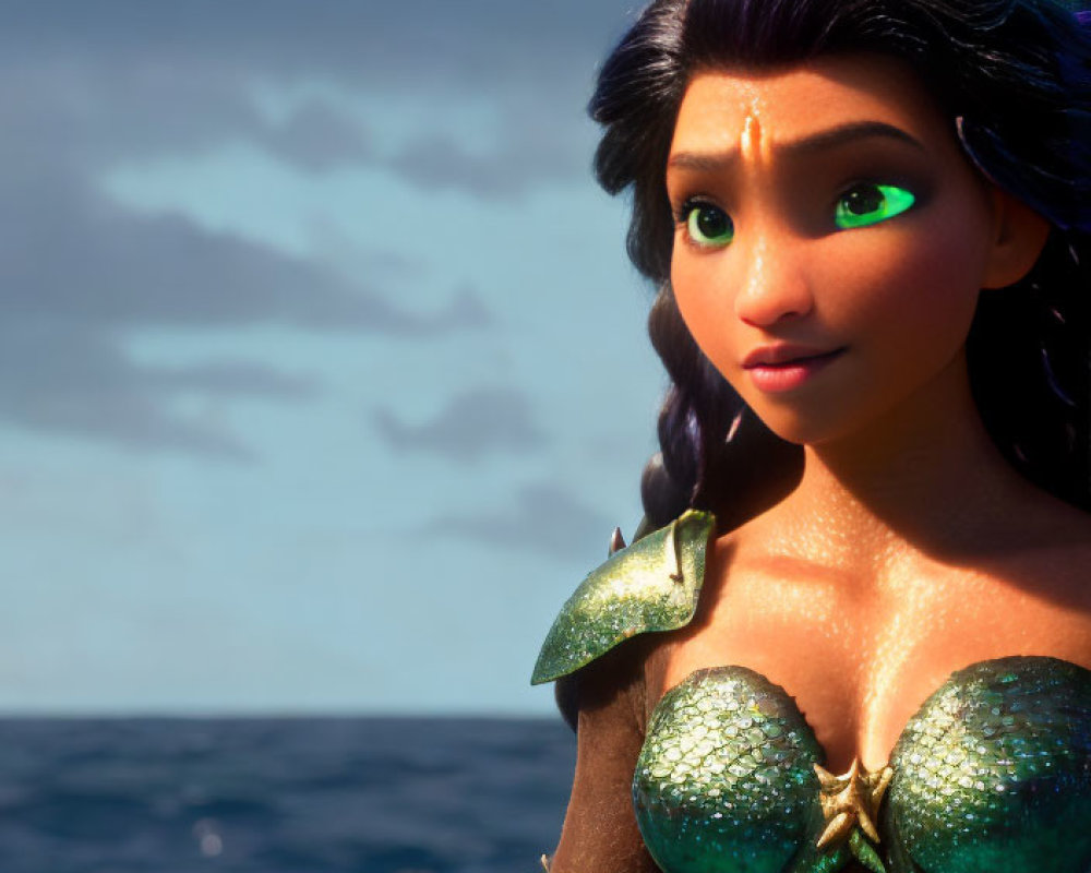 Animated character with green eyes and dark hair in green scale top by ocean and sky.