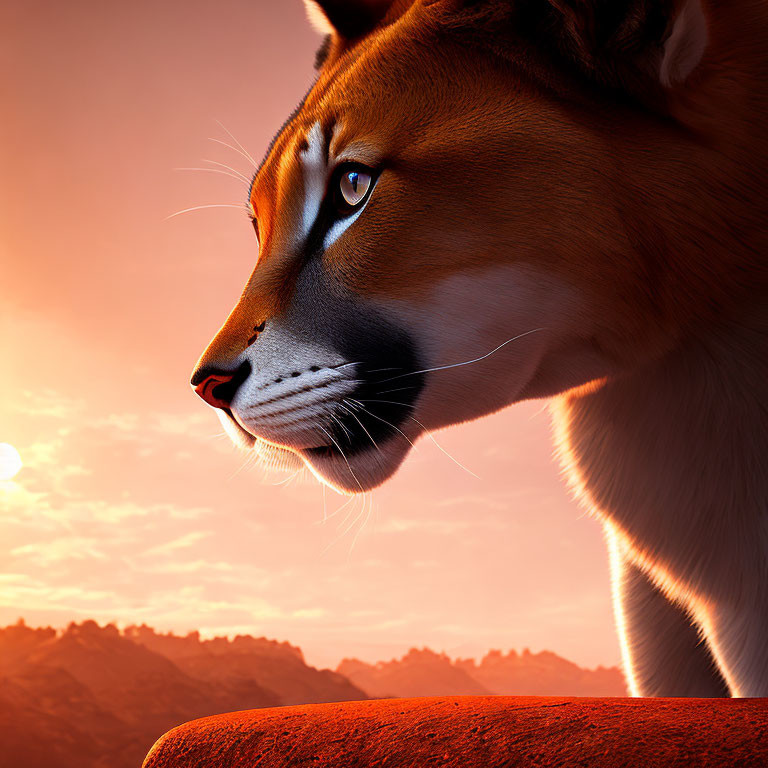 Detailed close-up of pensive cougar in digital artwork at sunset